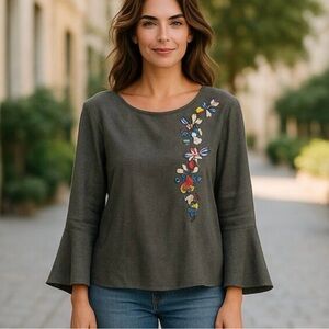 Grace Elements Dark Gray Floral Embroidered Blouse